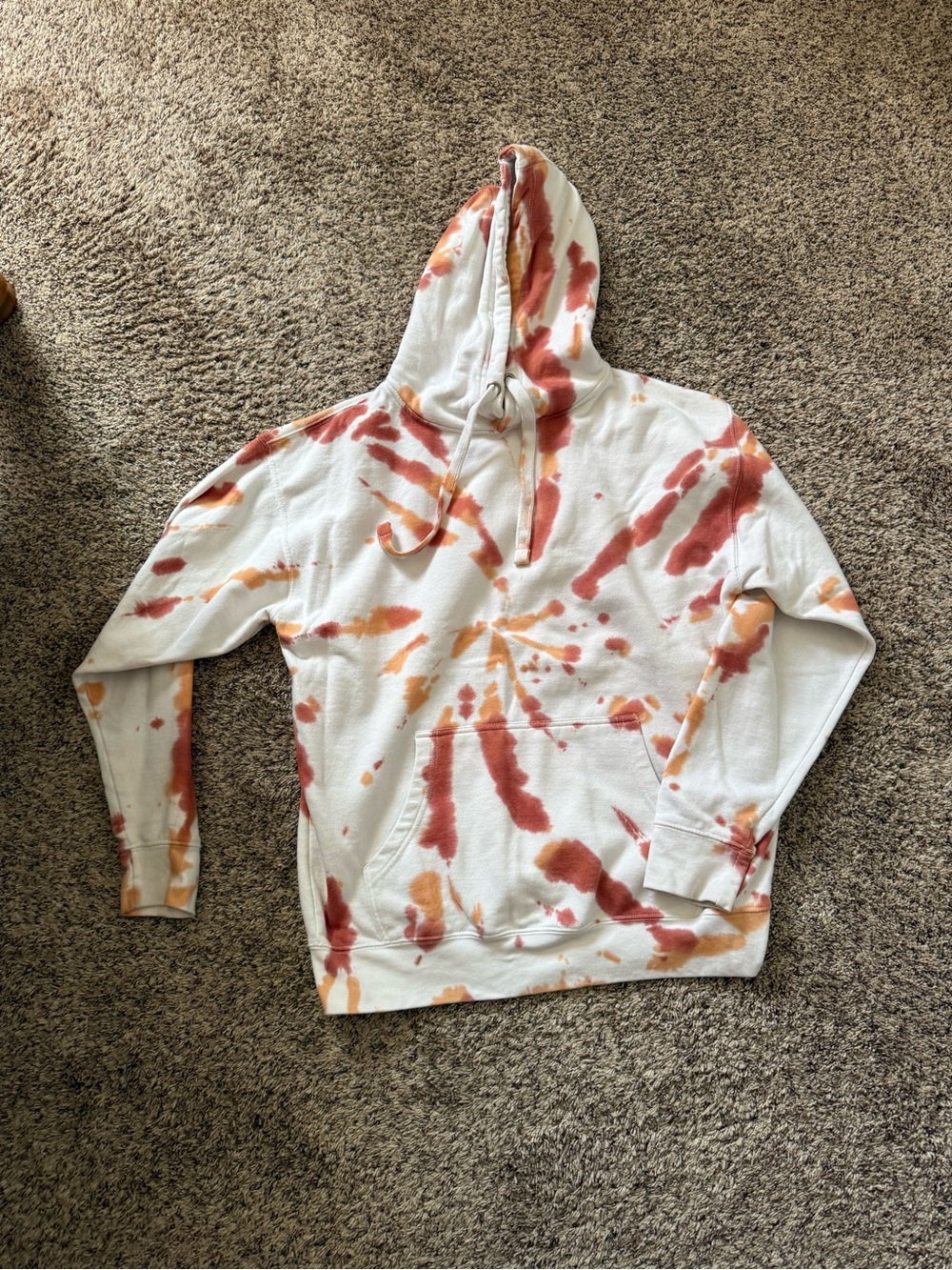 White Tie-Dye Hoodie with Rust & Burnt Orange Splashes